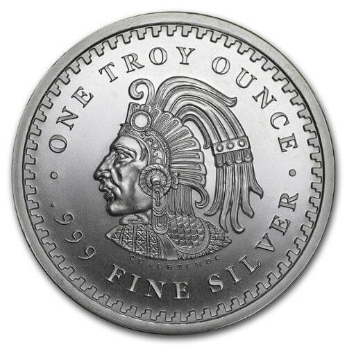 FIVE FULL TROY OUNCE ROUND OF .999 SILVER AZTEC CAUHTEMOC MEXICAN 