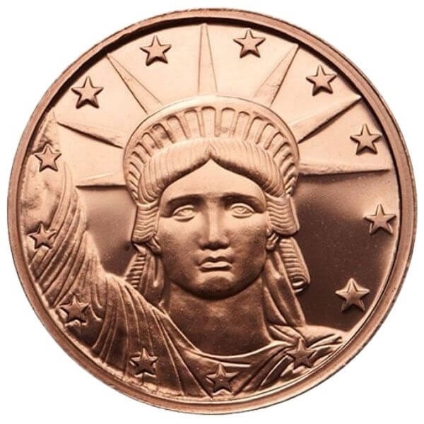 1 oz Fine .999 Copper Round Lady Liberty With Torch and Olive Branch 