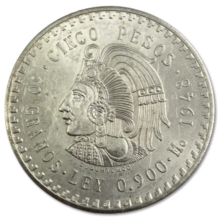 Mexico 5 Peso Cuauhtemoc Silver Coin - 1947-1948