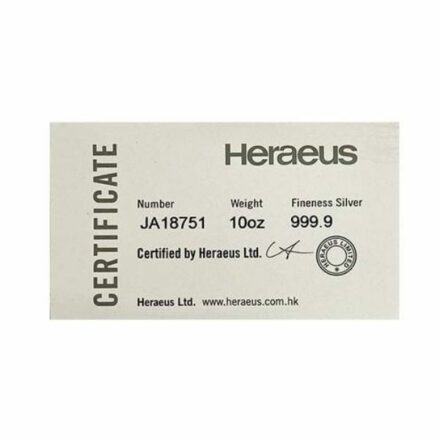 Heraeus 10 oz Silver Bar Certificate