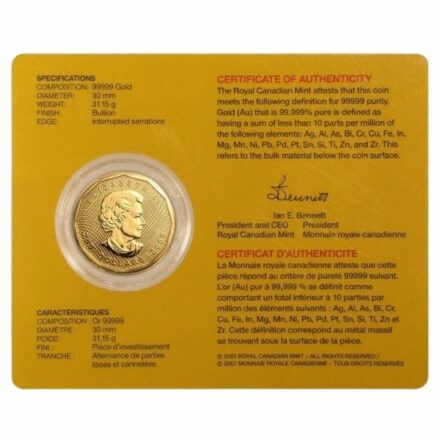 2008 1 oz Canadian 99999 Gold Maple Leaf Effigy in Card